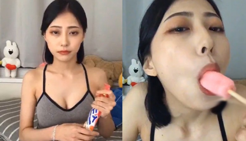 [韓國] 黑髮主播口腔不滿足，拿冰棒當爹爹們的肉棒！