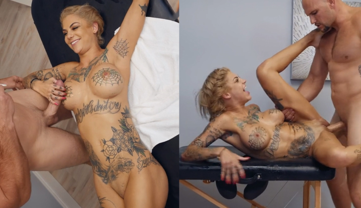 [Western] Seductive Masseuse rubs the big cock hard and rides it herself.