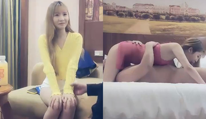 The cute girl puts on a red see-through outfit and plays 69 with 