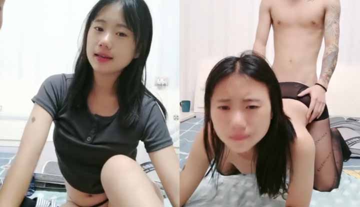 The new cute girl and her boyfriend take off their panties and play with their pussy, big ass, black stockings, riding position piling