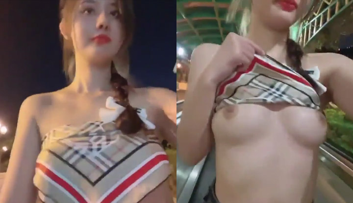 遠看不知道近看嚇一跳，夜晚散步的麻花辮妹子掀開領巾露出胸器～