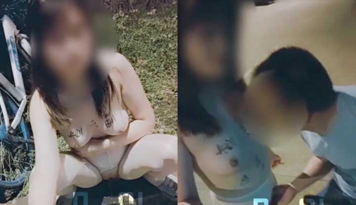 Cha Xiaoli's professional outdoor seduce passers-by ~ directly let the brother on the bicycle pick her holes and lick her breast