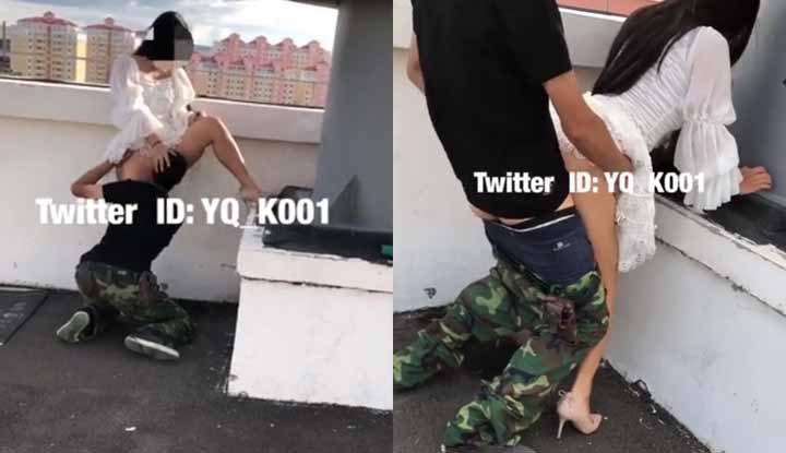 Twitter green hat god YQ hooks up with a flirtatious wife, kneeling and licking on the rooftop of the gym before a vigorous backdoor sprint~