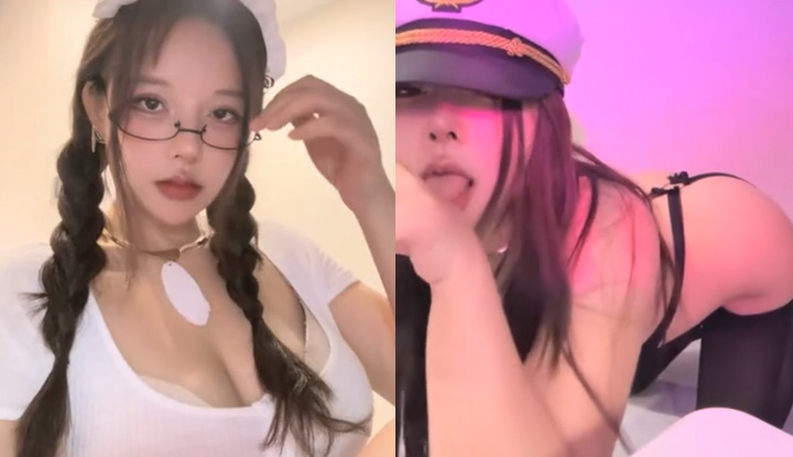 Empregada doméstica com óculos sexy - meias-calças abertas sensuais se masturbando com um vibrador na buceta.