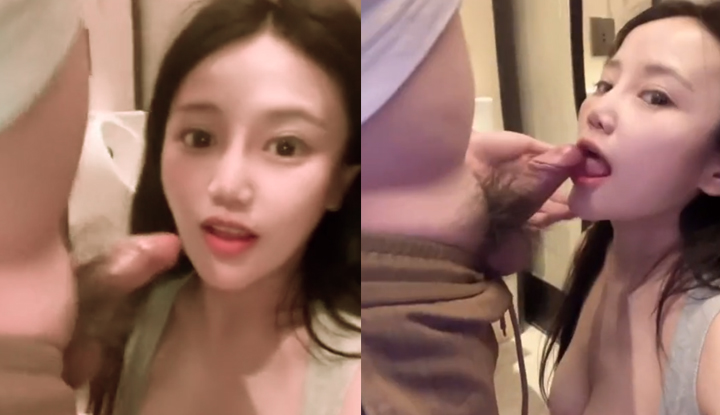 The pretty girl with big eyes takes a selfie while eating chicken~ Showing off her beautiful breasts, so enticing.