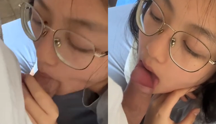 Cute girl with glasses gently licks the stick~ Directly comes on her face to help her girlfriend apply a facial mask.
