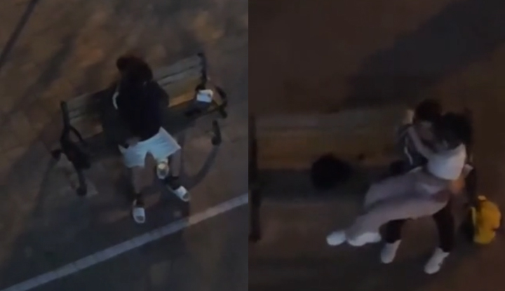 The outdoor couple on campus started a fight on the bench, with even a roll of toilet paper placed next to them.