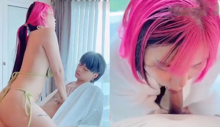 [Thai] Gadis berambut pink mempunyai payudara besar yang seksi, bahagia berulang kali berhubungan seks dengan kekasihnya di tepi tingkap~