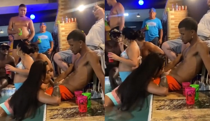 Uma garota bonita e ousada está flertando em uma festa - ela foi direto para cima do cara bem-dotado e se jogou nele.