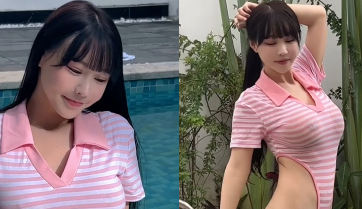 Menunjukkan kecantikan dan tubuh yang sempurna, foto selfie berukuran besar dari watak utama dengan dada besar. Tubuh berbasah memakai baju renang berjalur di taman hiburan, saya mengundang anda untuk bersuka ria. Memperlihatkan dada dan ketegangan yang nyata.