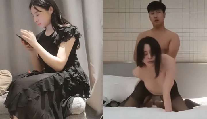 Arranging a hookup with a high-value, long-legged beauty in a black skirt. She's wearing sheer black stockings and high heels, giving oral sex and riding aggressively in front of the camera.