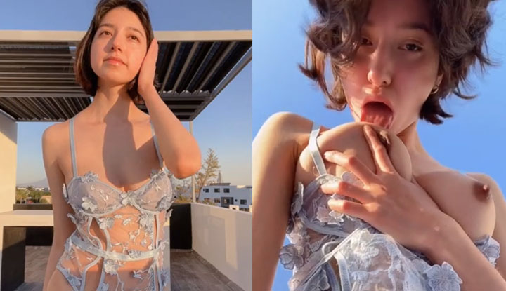 O influencer cherrycute666 do site O, na América e Europa, tirou a roupa secretamente no terraço, mostrando os seios bonitos e a vagina sem pelos, foi muito sensual.