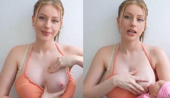[Western] Blonde beauty MsBlooms demonstrating breastfeeding with an oil tube, with no mosaic censoring on the nursing video for new dads to watch closely!