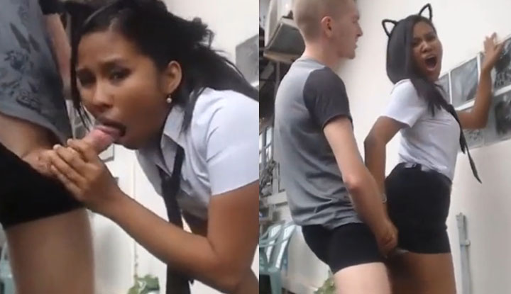 A Thai student secretly had sex with a young Caucasian boyfriend next door, tightly gripping his excited cock, inserting the large penis and fucking vigorously, extremely horny and ultimately satisfying.
