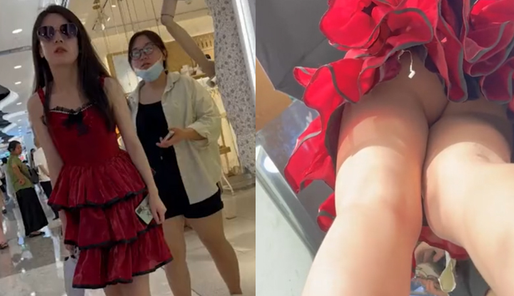 抄底大神冒死偷拍 極品紅裙學生妹 真空逛商場慘遭毒手 胯下一線天美鮑暴露無遺！